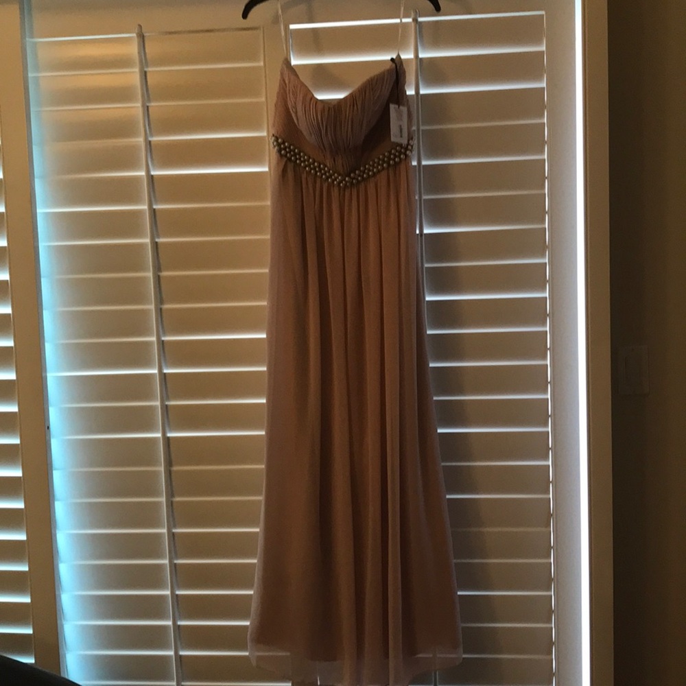 Blush evening dress with pearls accentuating waste
